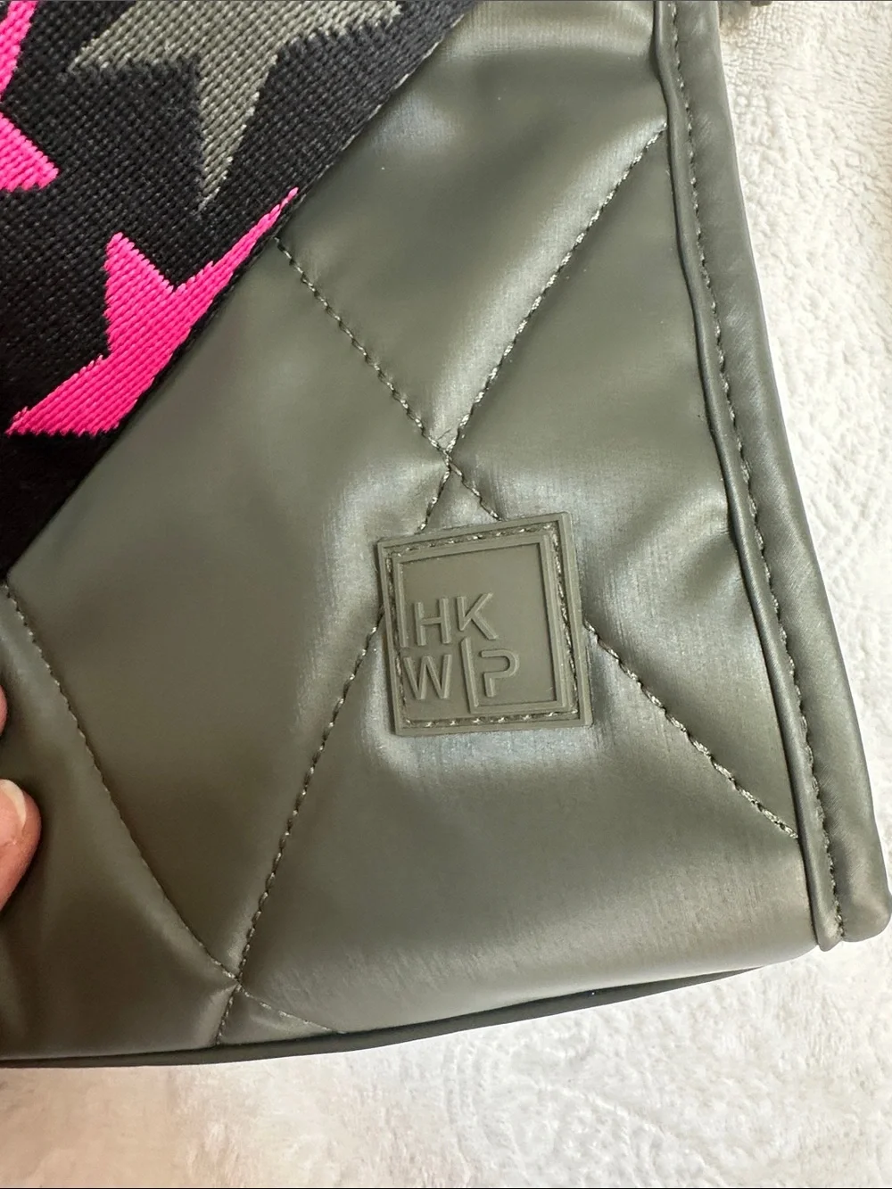 Olive Green Quilted Shoulder Bag with Pink Accent Strap